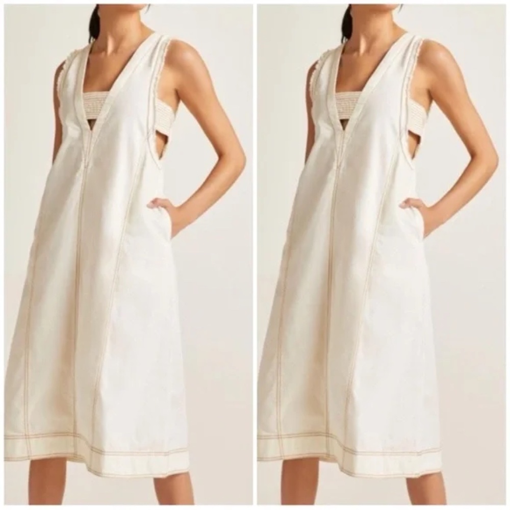 Anthropologie Pilcro Dress Cream 100% Cotton Denim Deep V Boho Country Dress S